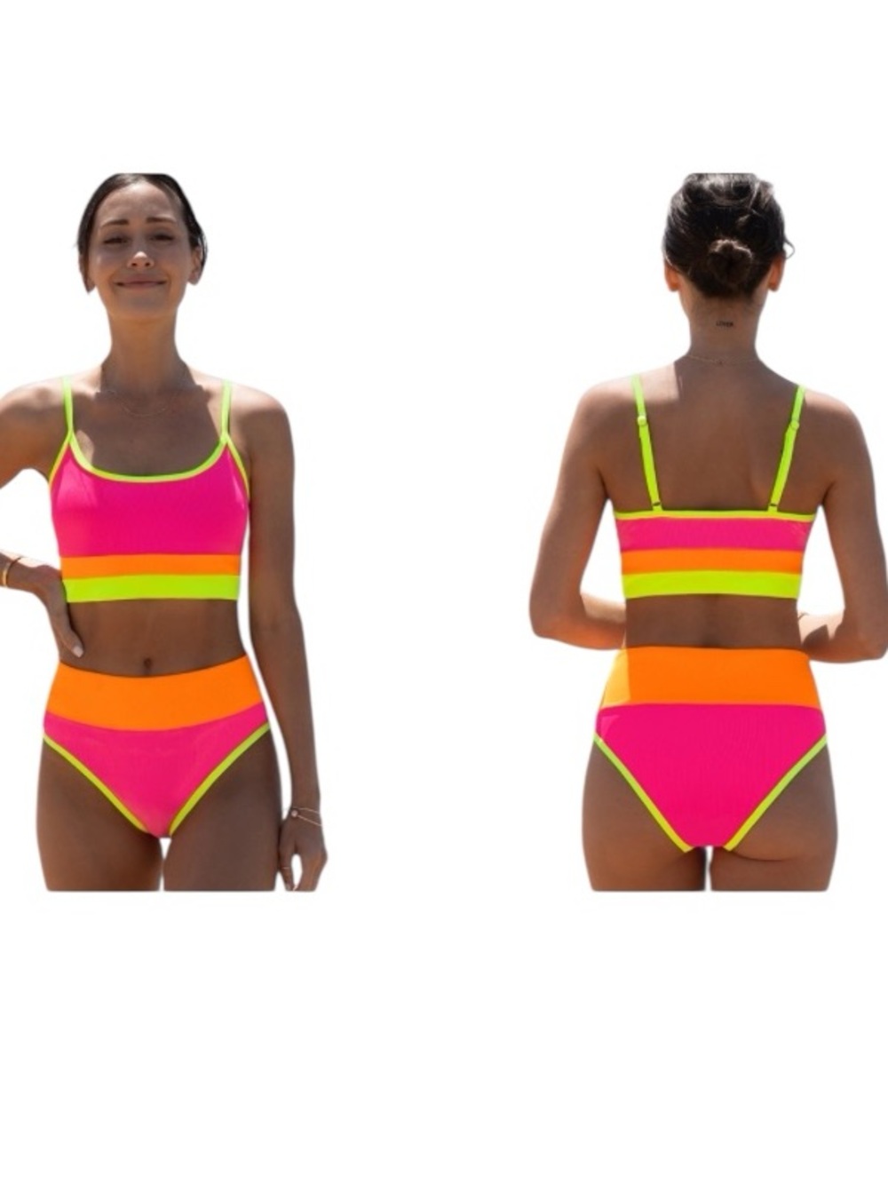 POPVIL Neon Colorblock High Waisted Bikini Set Pink/Orange/Lime Sporty L, NWT